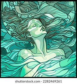 Vector of woman swimming in lake, art nouveau style