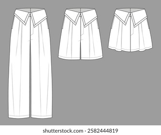 Vector woman tailor Bermuda jogger technical drawing, classic style pants with waistband and pockets detail fashion CAD, template, sketch, flat. Woman trousers, short,skirt with front view,white color