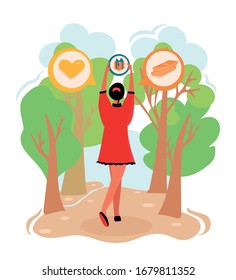 Vector Woman Taking Gift Metaphor Flat Illustration. Consumer Choice. Social Media Network Icons Heart, Present and Dollar Banknote on Trees in Forest. Digital and Content Influencer Marketing