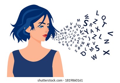 Vector of a woman talking with alphabet letters coming out of her mouth. 