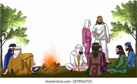 Vector of a woman is talking with Peter during other disciples, Easter background.