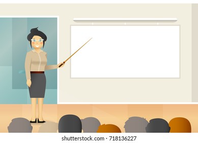 Vector woman teacher character standing near whiteboard in classroom, flat style