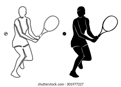 vector woman tennis player . black and white silhouette 