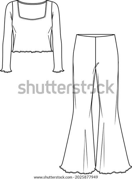 Vector woman top and pants fashion CAD, sketch\
template, woman 2 pcs. set technical drawing, blouse and leggings\
flat, mock up. Jersey or woven fabric pants, from and back view,\
white color