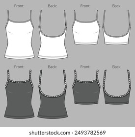 Vector woman top with rhinestones sketch, sleeveless T-Shirt fashion CAD, summer crop tank top technical sketch, female flat, template.Jersey or rib fabric 2 pcs set tee with front, back view, white