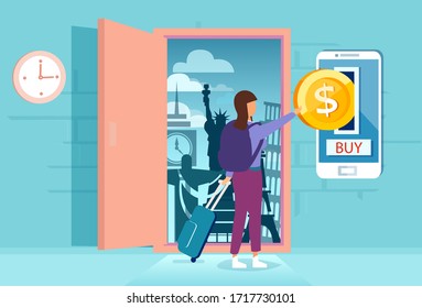 Vector of a woman tourist with suitcase opening a door to a vacation destination by paying online 