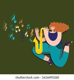 Vector woman with trumpet, notes, music. Holiday. Hand drawn illustration. Hippie music cartoon illustrations. Disco party. Retro, vintage backdrop. Musical pop concert, festival.
