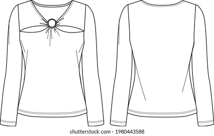 Vector woman t-shirt technical drawing, blouse with accessory and cut out detail fashion CAD, sketch, flat. Jersey or woven fabric top with front, back view, white color