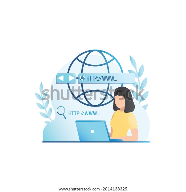 Vector\
woman types, enters search query, data, site name into address bar\
in laptop. Girl with magnifying glass searches, views information\
on web sites, pages in browser. Internet\
surfing.