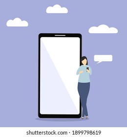 Vector - Woman using mobile and stay beside smartphone on blue background. Digital, Social network, Technology, Business online concept. Copy space.