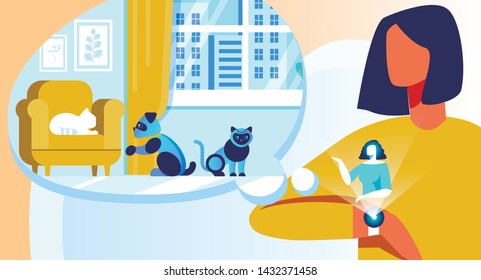 Vector Woman Using Smart Watch Robotic Pets Control. Virtual Female Assistant Shoving Interactive Robot Dog and Cat Standing near Alive Kitten Resting on Armchair. Vector Flat Illustration