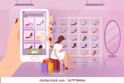 Vector of a woman using smartphone app to shop online for designer shoes 