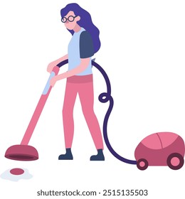 Mujer de Vector que usa la aspiradora, icono del hogar
