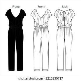 Vector woman V neck jumpsuit technical drawing, sleeveless summer jumpsuit with volant detail fashion CAD, straight wide legs jumpsuit template, flat, sketch. Jersey or woven fabric jumpsuit,white col