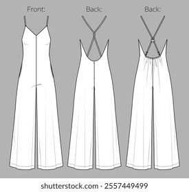 Vector woman V neck jumpsuit technical drawing, sleeveless jersey jumpsuit with opened back fashion CAD, straight wide legs jumpsuit template, flat, sketch.Jersey or woven fabric jumpsuit, white color