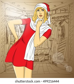 Mulher vetor esperando o Natal. Mulher em Santa vestir. Mulher de Natal com chapéu vermelho
