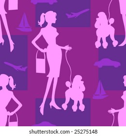 Vector Woman walking dog seamless wallpaper tile. Boat, car, airplane in background. Created in shades of purple and pink .