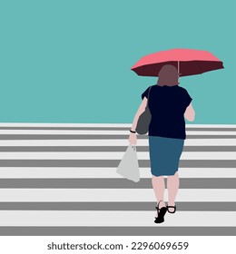 Vector woman walking with umbrella and shopping bag