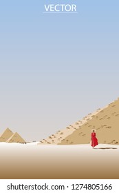 vector woman wear red cloth standing on pyramid background