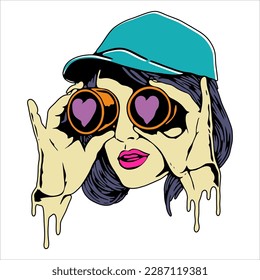 
vector of woman wearing binoculars to see love location, good to use for design references