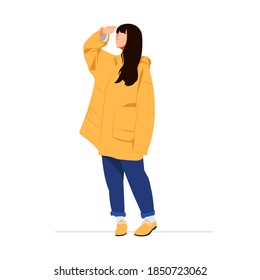 vector of a woman wearing a jacket with her hands covering the light so that her eyes don't look dazzled.
