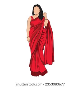 Mujer vectora con sari rojo, en ilustración de mujer india, dibujo vectorial de una dama de moda