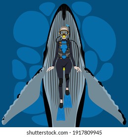 vector woman wearing scuba gear is diving below the whale