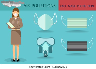 vector of woman wearing teacher official uniform and wearing mask protection design with face mask colletion in air pollutions concept