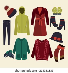 vector woman winter clothes set, collection illustration
