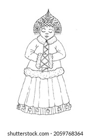vector woman in winter clothes. snow maiden on a white background. outline for coloring