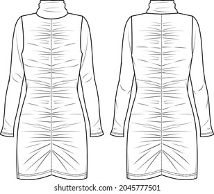 Vector woman winter dress with gathered front and long sleeves fashion CAD, turtle neck dress technical drawing, template, flat, sketch. Jersey or woven fabric dress with front, back view, white color