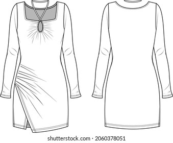 Vector woman winter dress with gathered front and long sleeves fashion CAD, square neck dress technical drawing, template, flat, sketch. Jersey or woven fabric dress with front, back view, white color