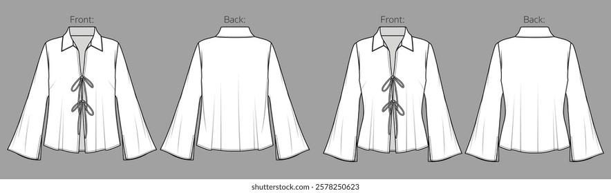 Vector woman winter flare top with ties and wide long sleeves fashion CAD, V neck blouse technical drawing, template, flat, sketch.Woven fabric shirt with collar and bows, front,back view, white color