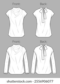 Vector woman winter long sleeved top with bow fashion CAD, sleeveless blouse with boat neck technical drawing, template, flat, sketch. Jersey or woven fabric shirt with front, back view, white color