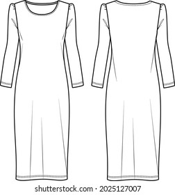 Vector woman winter midi dress fashion CAD, round neck and long sleeved long dress technical drawing, template, flat, sketch. Jersey or woven fabric dress with front, back view, white color
