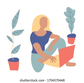A vector woman at work with a laptop. A freelance worker working while quarantined at home in gentle shades of pink, yellow and turquoise. Design for banners, ayouts,web, social networks,advertising.