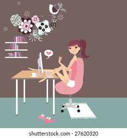 Vector woman work on the computer