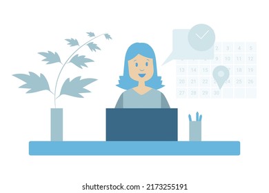 Vector Woman Working With A Computer In An Office Environment. She Is Ready To Schedule A Meeting Or Talk About A Deadline Date In The Calendar.