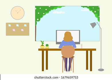 Vector - Woman working or learning at home in her room with natural view from window. Work from home , WFH. Flat style. Social distancing. Copy space for any text design.