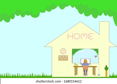 Vector - Woman working or learning at home in her room with natural view from window. Flat style. Work from home WFH, Social distancing concept. Copy space for any text design.