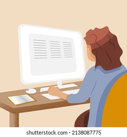 Vector woman working on computer. A girl is sitting at the table and studying online. Online training. Young woman sitting with PC. cyber monday