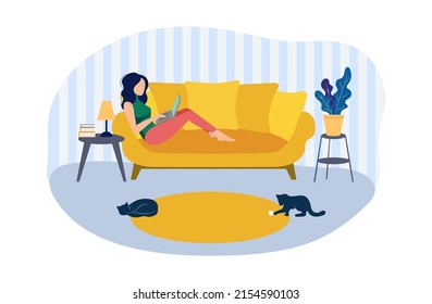 Vector Woman Working on Sofa from Home, Remote Job Concept Interior Room and Playing Cats Illustration Isolated on White Flat Design.