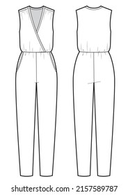Vector woman wrap jumpsuit technical drawing, sleeveless jumpsuit.
