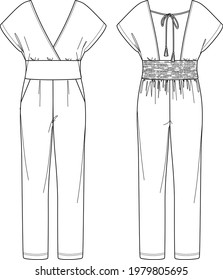 Vector woman wrap"V" neck jumpsuit technical drawing, sleeveless jersey jumpsuit with bow detail fashion CAD, straight wide legs jumpsuit template, flat, sketch. Jersey or woven fabric jumpsuit, white