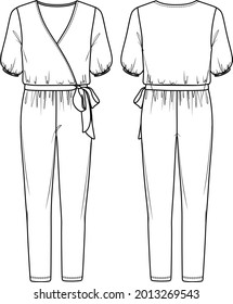 Vector woman wrap"V" neck jumpsuit technical drawing, short sleeve jumpsuit with bow detail fashion CAD, balloon sleeved jumpsuit template, flat, sketch. Jersey or woven fabric jumpsuit, white