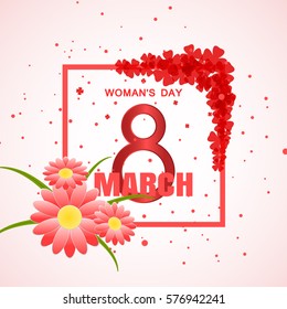 Vector Woman's Day 8 of March gradient red background with red frame, text and flowers.