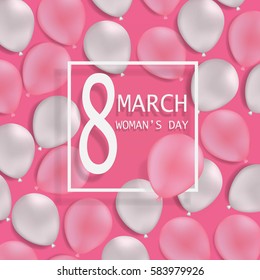 vector Woman's Day 8 March with pink and white balloon background.All balloon grouped for easy to arrange.