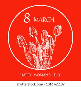 Vector of woman`s day greeting banner with tulips and words 8 march on 
red background