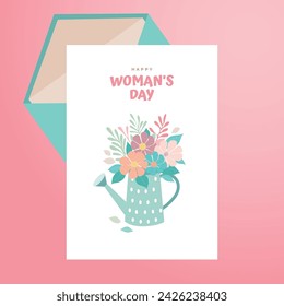 Tarjeta de felicitación del día de la mujer del vector con las flores en la olla