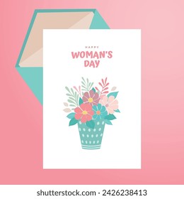 Tarjeta de felicitación del día de la mujer del vector con las flores en la olla